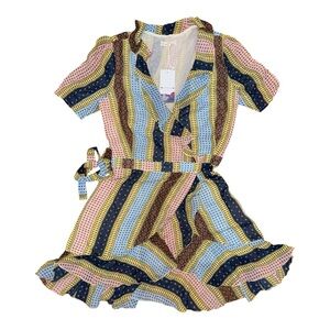 Pink and Yellow Ruffled Wrap Midi Dress
